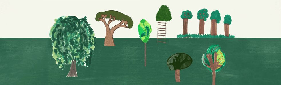 An illustration showing trees of different shapes and sizes on a patch of grass.